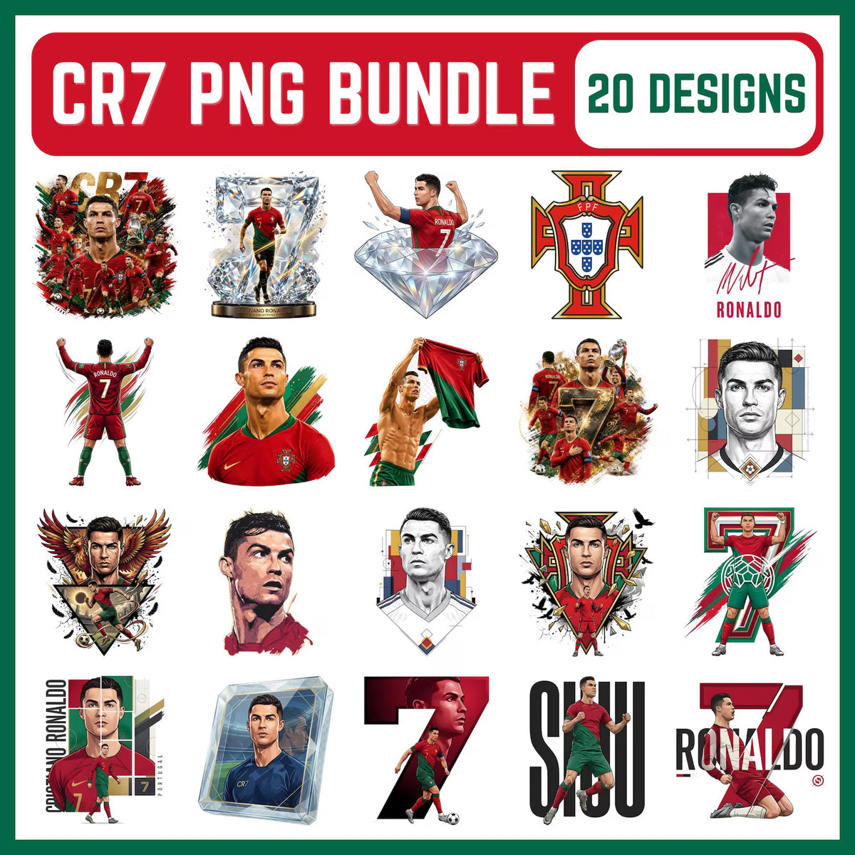 Cristiano Ronaldo PNG Bundle | CR7 Soccer Clipart, Football Shirt Design (Digital Download)