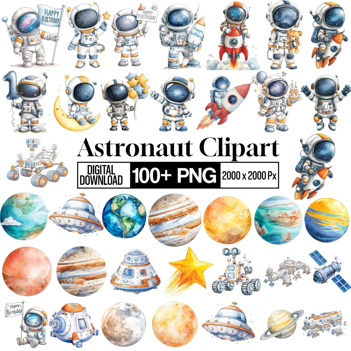 Cute Astronaut Clipart Bundle Space Birthday Png Watercolor Space Solar System Planets Rocket Clipart Outer Space PNG Digital Download