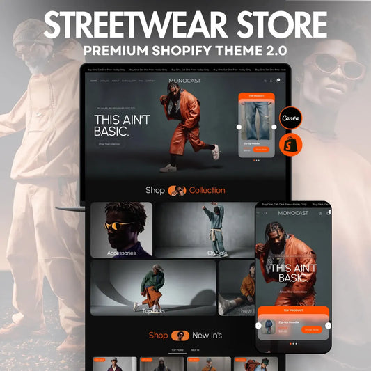 Dark Streetwear Shopify Theme | Orange Accent Urban Fashion Website Template + Editable Canva Kit