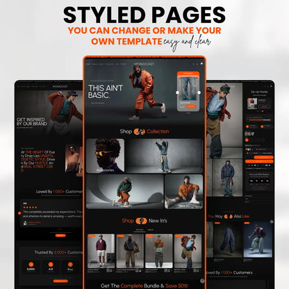 Dark Streetwear Shopify Theme | Orange Accent Urban Fashion Website Template + Editable Canva Kit