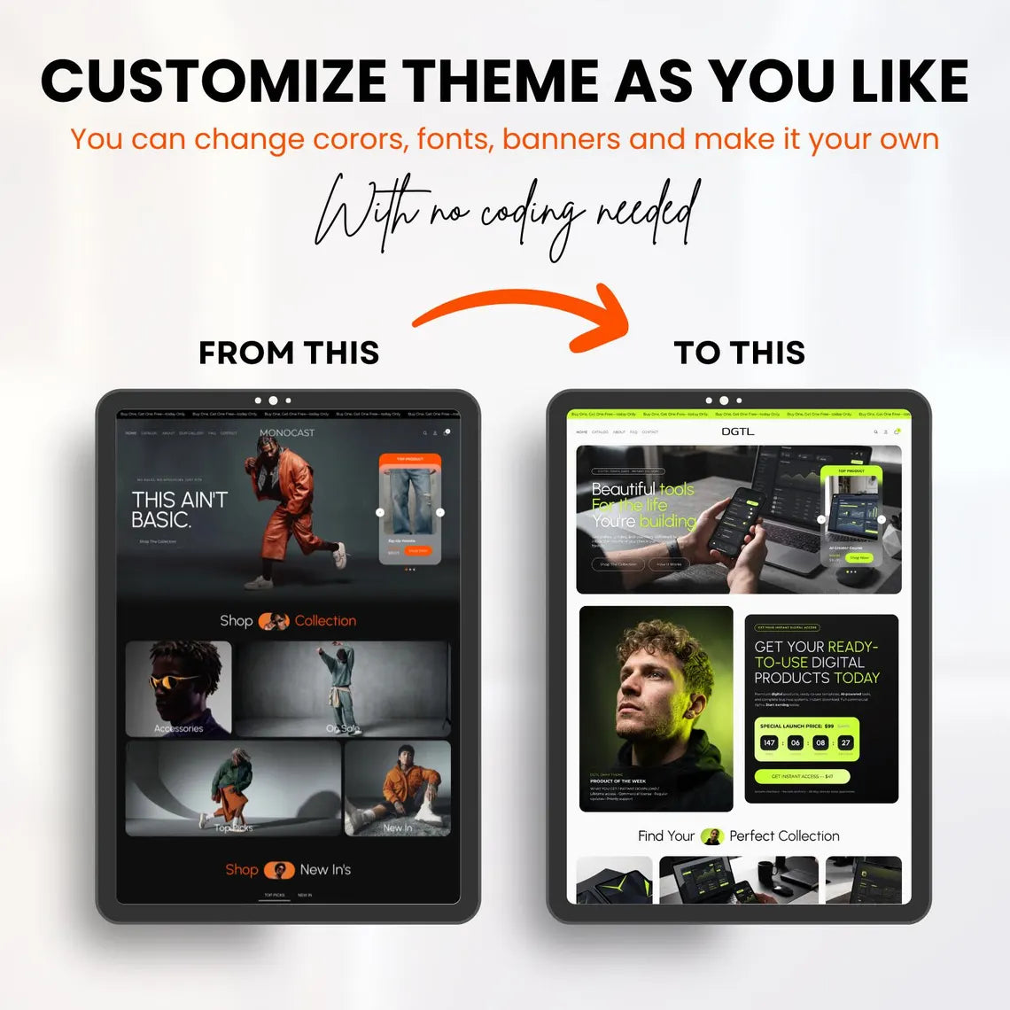 Dark Streetwear Shopify Theme | Orange Accent Urban Fashion Website Template + Editable Canva Kit