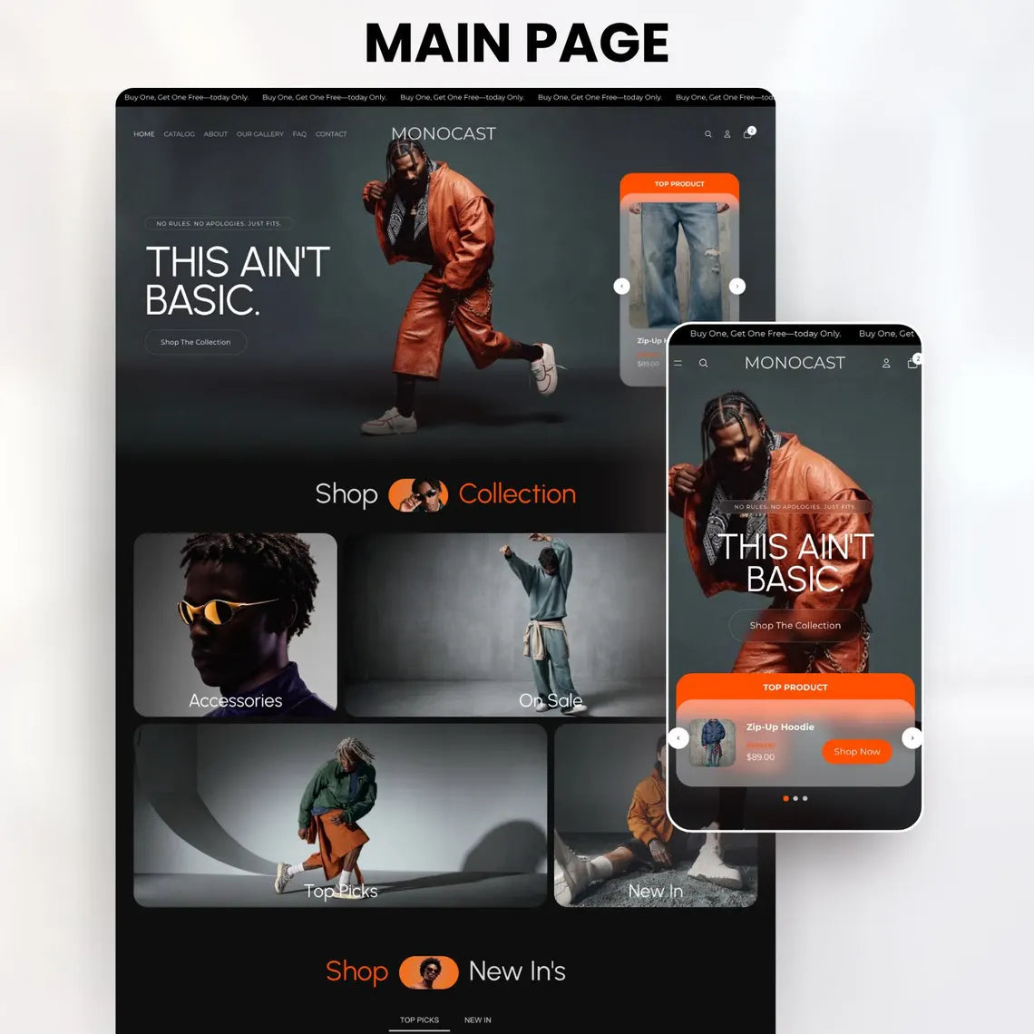 Dark Streetwear Shopify Theme | Orange Accent Urban Fashion Website Template + Editable Canva Kit