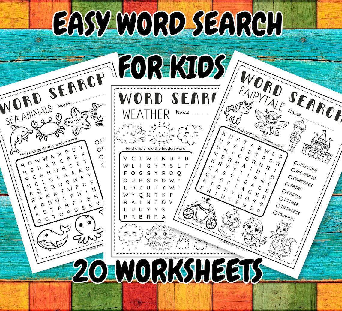 Easy Word Search for Kids; Word Search for Kids; Kids Word Search; Word Search Bundles; Elementary Worksheets; Word Search Puzzle