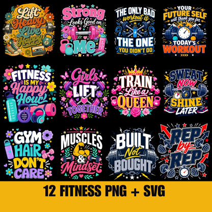 Fitness Workout PNG & SVG Bundle Motivational Gym Quotes Weightlifting Shirt Design Digital Download