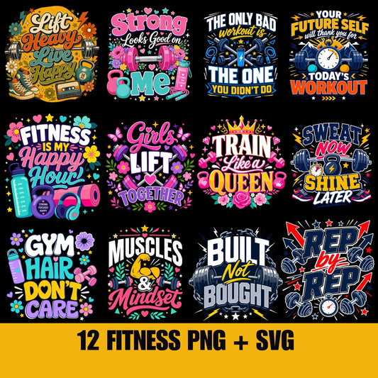 Fitness Workout PNG & SVG Bundle Motivational Gym Quotes Weightlifting Shirt Design Digital Download