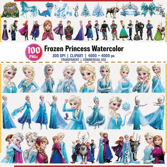 Frozen Princess Watercolor PNG Clipart Bundle Digital Download