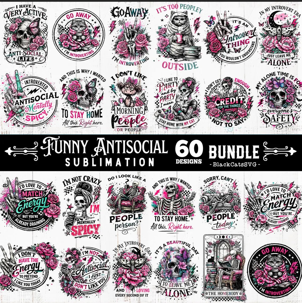 Funny Antisocial skulls sublimation bundle 60 designs PNG, Homebody PNG, Sarcastic bundle PNG, Funny skeleton bundle png