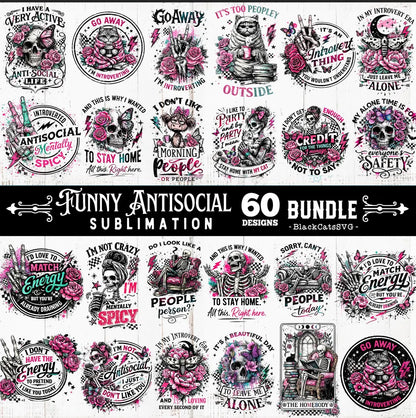 Funny Antisocial skulls sublimation bundle 60 designs PNG, Homebody PNG, Sarcastic bundle PNG, Funny skeleton bundle png