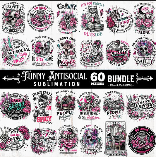 Funny Antisocial skulls sublimation bundle 60 designs PNG, Homebody PNG, Sarcastic bundle PNG, Funny skeleton bundle png