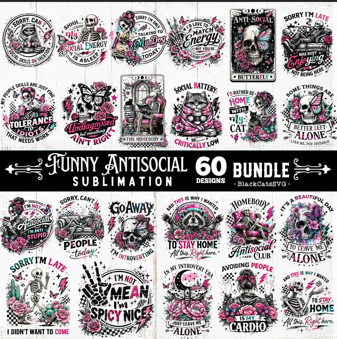 Funny Antisocial skulls sublimation bundle 60 designs PNG, Homebody PNG, Sarcastic bundle PNG, Funny skeleton bundle png