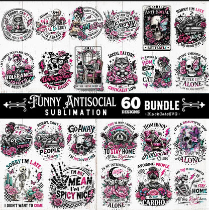 Funny Antisocial skulls sublimation bundle 60 designs PNG, Homebody PNG, Sarcastic bundle PNG, Funny skeleton bundle png