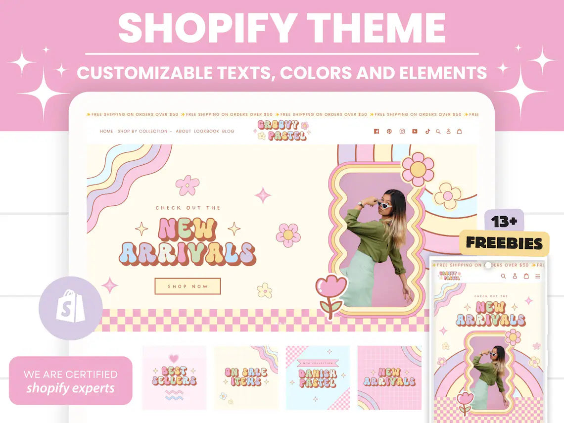 Groovy Shopify Theme Template,pink Shopify Boutique theme with canva banners,Neutral Website,Shopify Banner Template with Shopify Planner