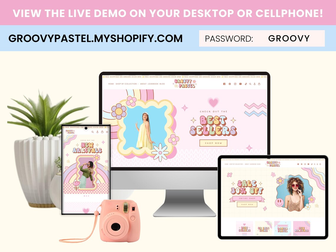 Groovy Shopify Theme Template,pink Shopify Boutique theme with canva banners,Neutral Website,Shopify Banner Template with Shopify Planner