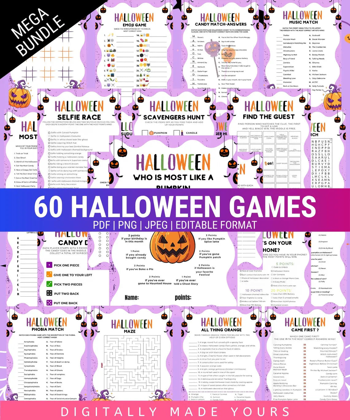 Halloween Mega Bundle, Horror Movie PNG, Neon Halloween Bundle, Fall Png Bundle, Spooky Vibes, Trick Or Treat, Cartoon, Invite, Games