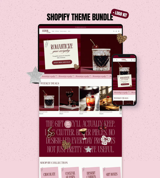 Luxury Shopify Theme, Red Pink Boutique Template, Editable Canva Logo Kit