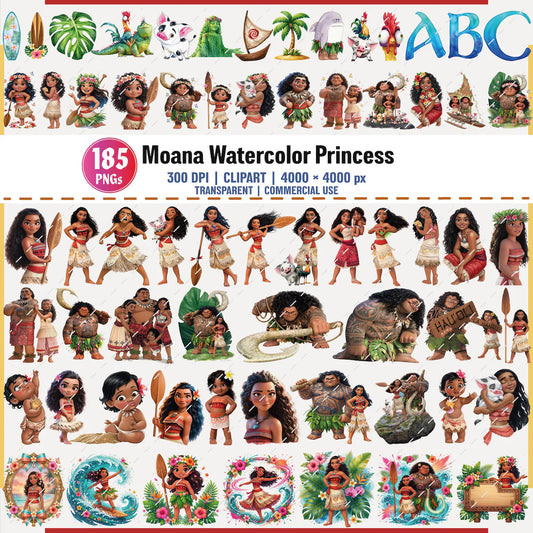 Moana Watercolor Clipart Bundle PNG Characters Set