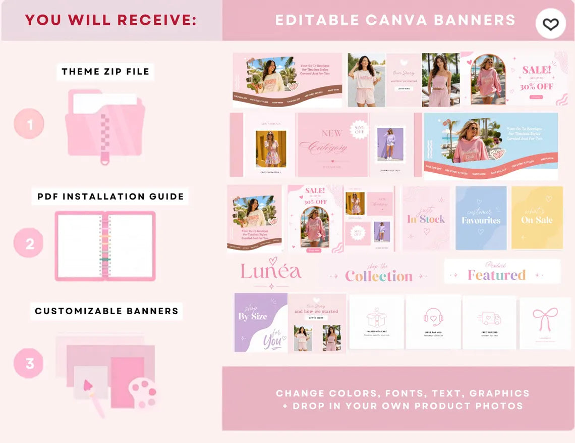 Pastel Elegance Boutique Shopify Theme | Pink Shopify Template Feminine, Minimal & Cute Design | Editable Canva Templates | Shopify OS 2.0