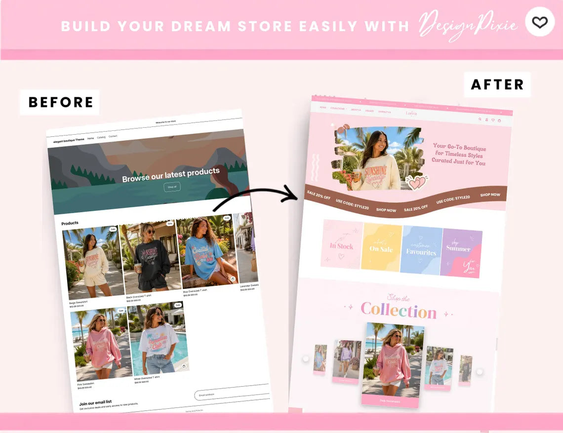 Pastel Elegance Boutique Shopify Theme | Pink Shopify Template Feminine, Minimal & Cute Design | Editable Canva Templates | Shopify OS 2.0