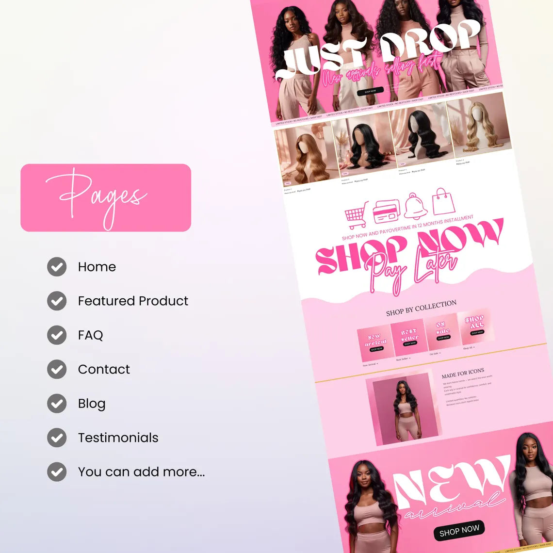 Pink Shopify Theme, Website Template for Boutique, Shopify Template, Shopify Template, Minimal & Cute Design, Boutique Fashion Theme, Wigs