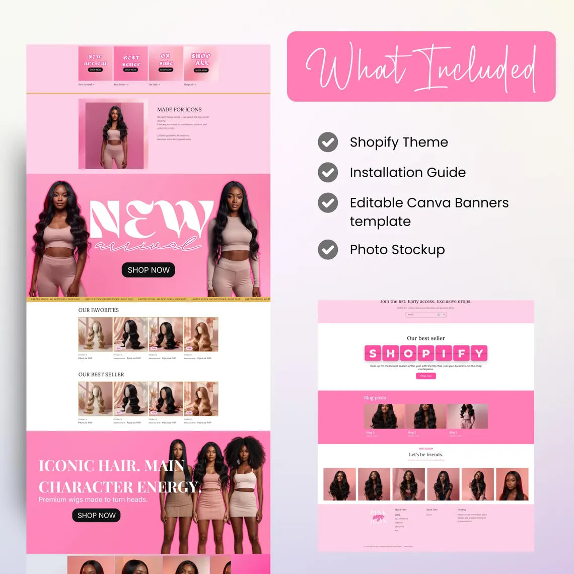 Pink Shopify Theme, Website Template for Boutique, Shopify Template, Shopify Template, Minimal & Cute Design, Boutique Fashion Theme, Wigs