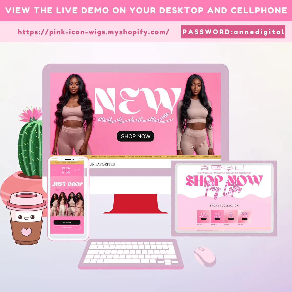 Pink Shopify Theme, Website Template for Boutique, Shopify Template, Shopify Template, Minimal & Cute Design, Boutique Fashion Theme, Wigs