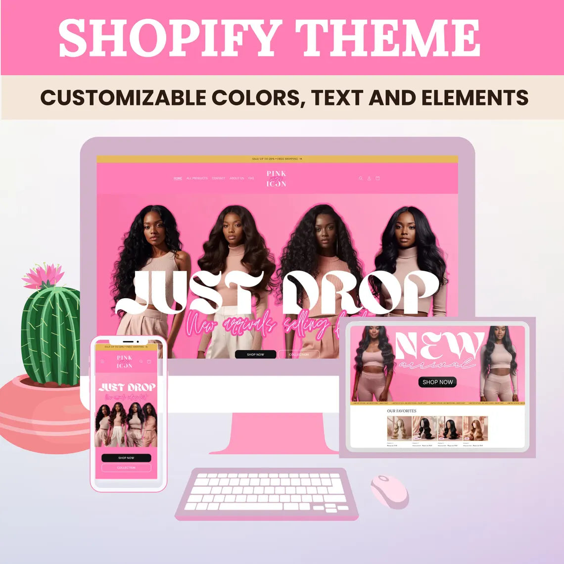 Pink Shopify Theme, Website Template for Boutique, Shopify Template, Shopify Template, Minimal & Cute Design, Boutique Fashion Theme, Wigs