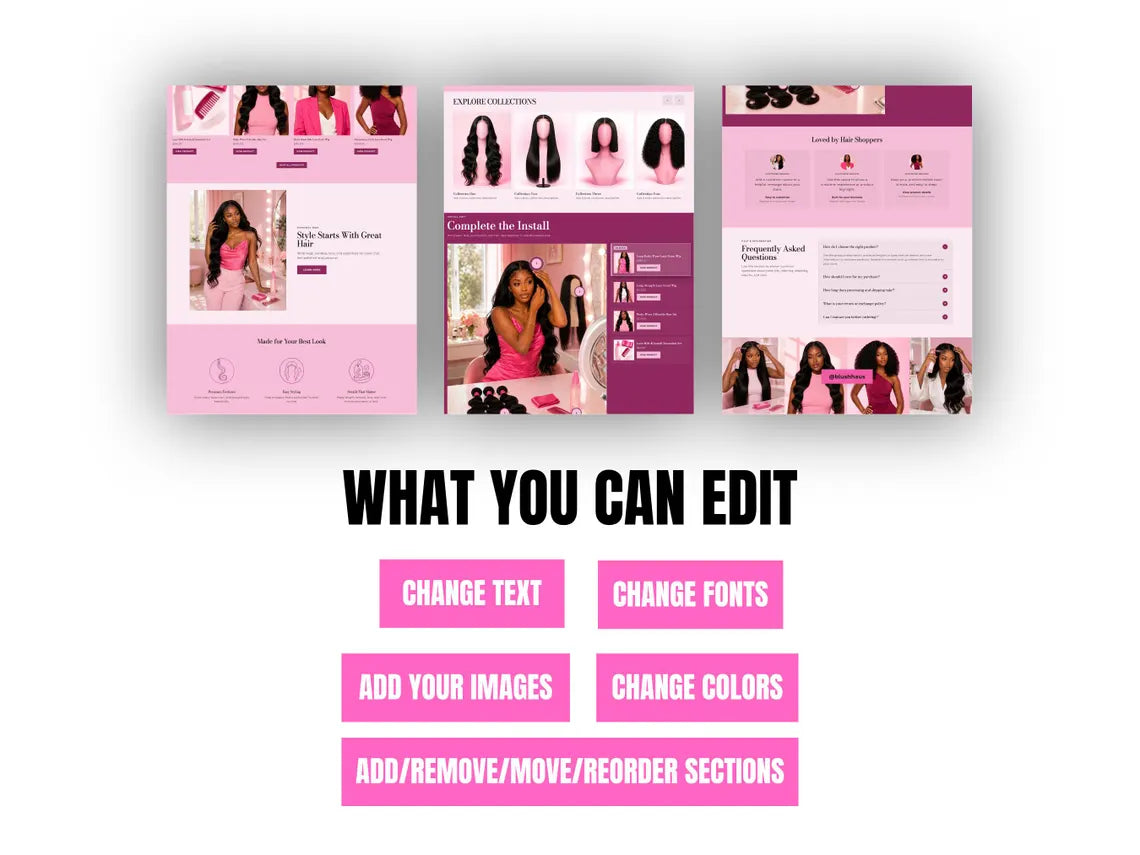 Pink Wig & Hair Extensions Shopify Theme Hair Bundle Website Template HD Lace Wig Store Beauty Brand Hair Vendor Website
