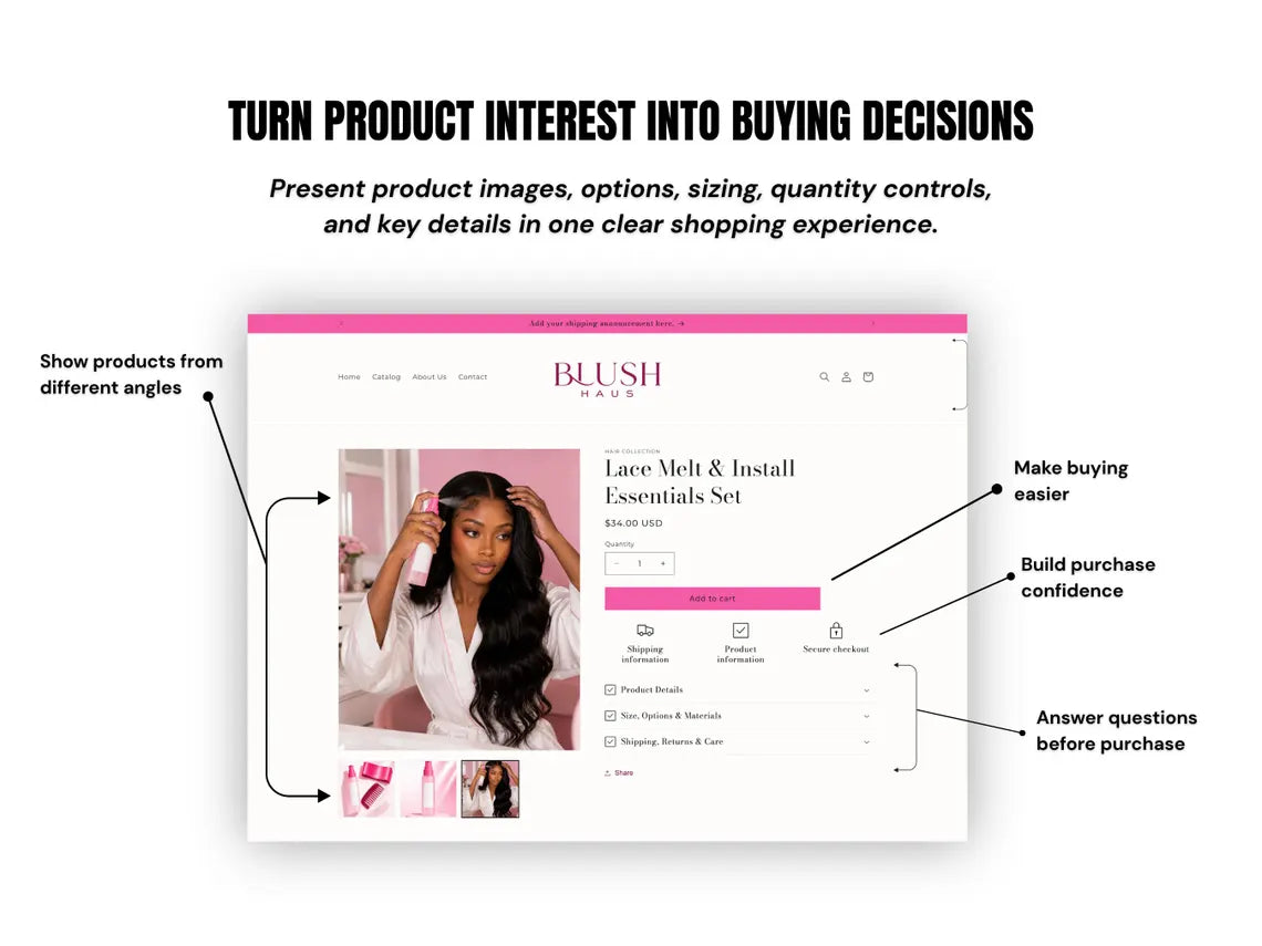 Pink Wig & Hair Extensions Shopify Theme Hair Bundle Website Template HD Lace Wig Store Beauty Brand Hair Vendor Website