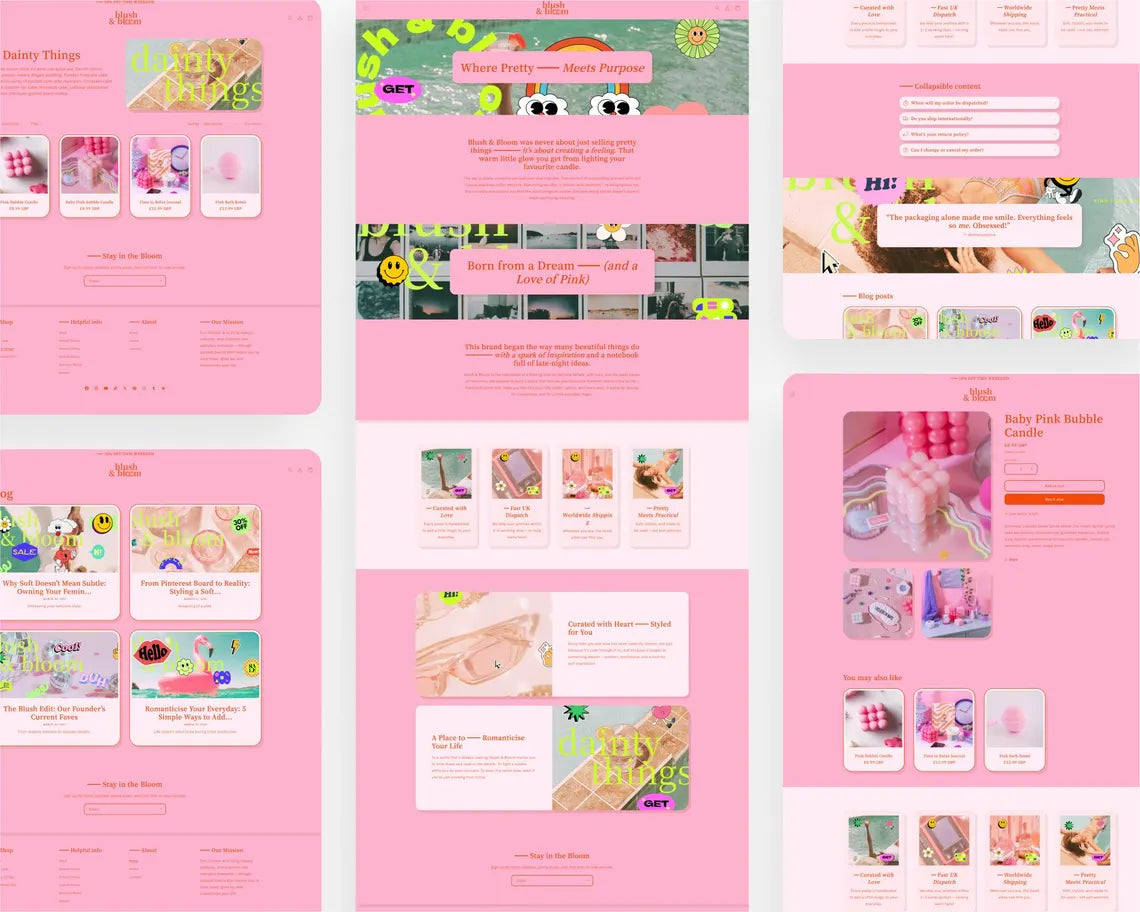 Pink Retro Chic Vibrant Shopify Theme Magazine Website Design Bold Colourful Template Playful Fashion Blog Aesthetic Customisable Layout
