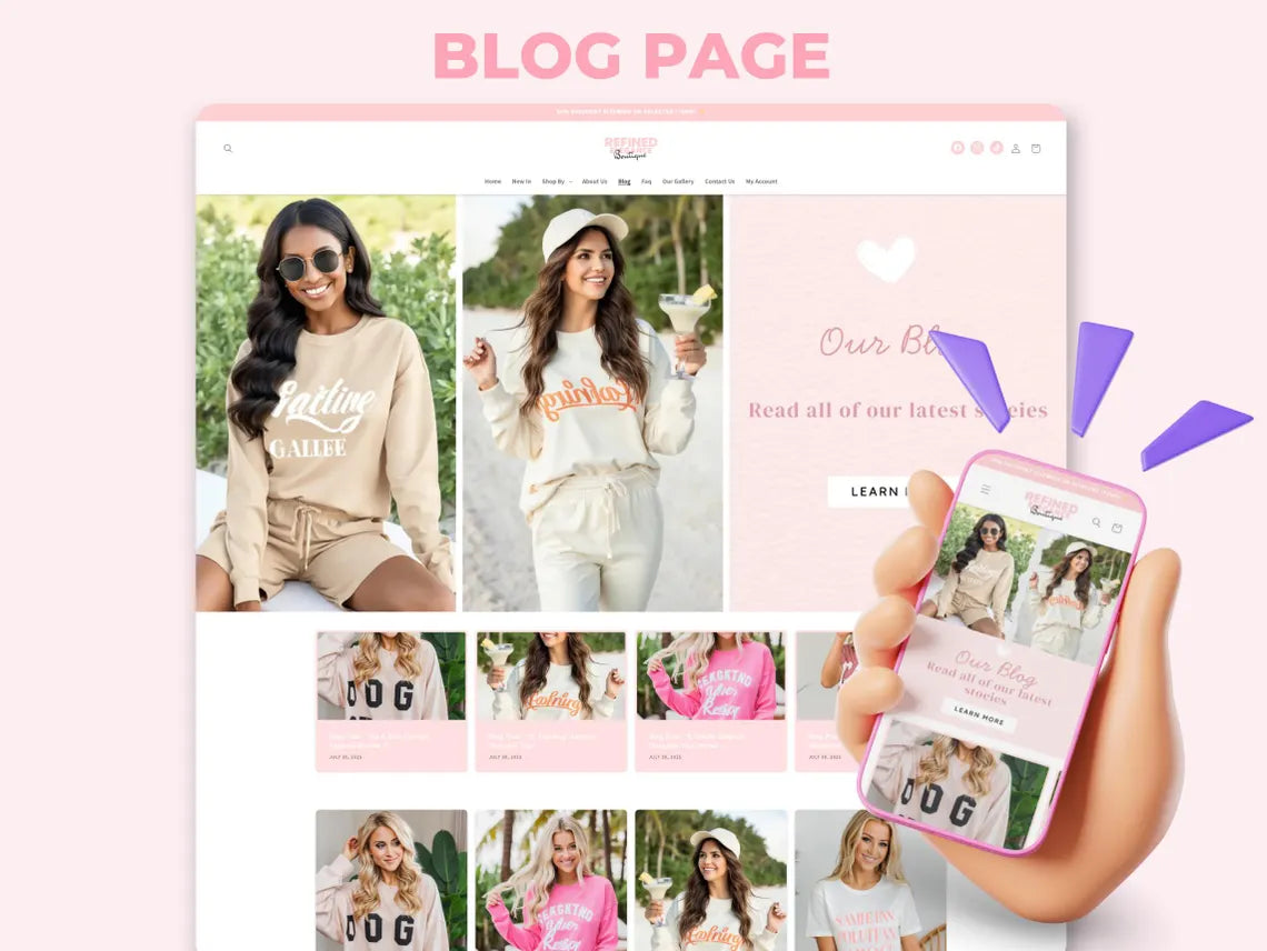 Refined Elegance Boutique Shopify Theme | Pink Shopify Template Feminine, Minimal & Cute Design | Editable Canva Templates | Shopify OS 2.0