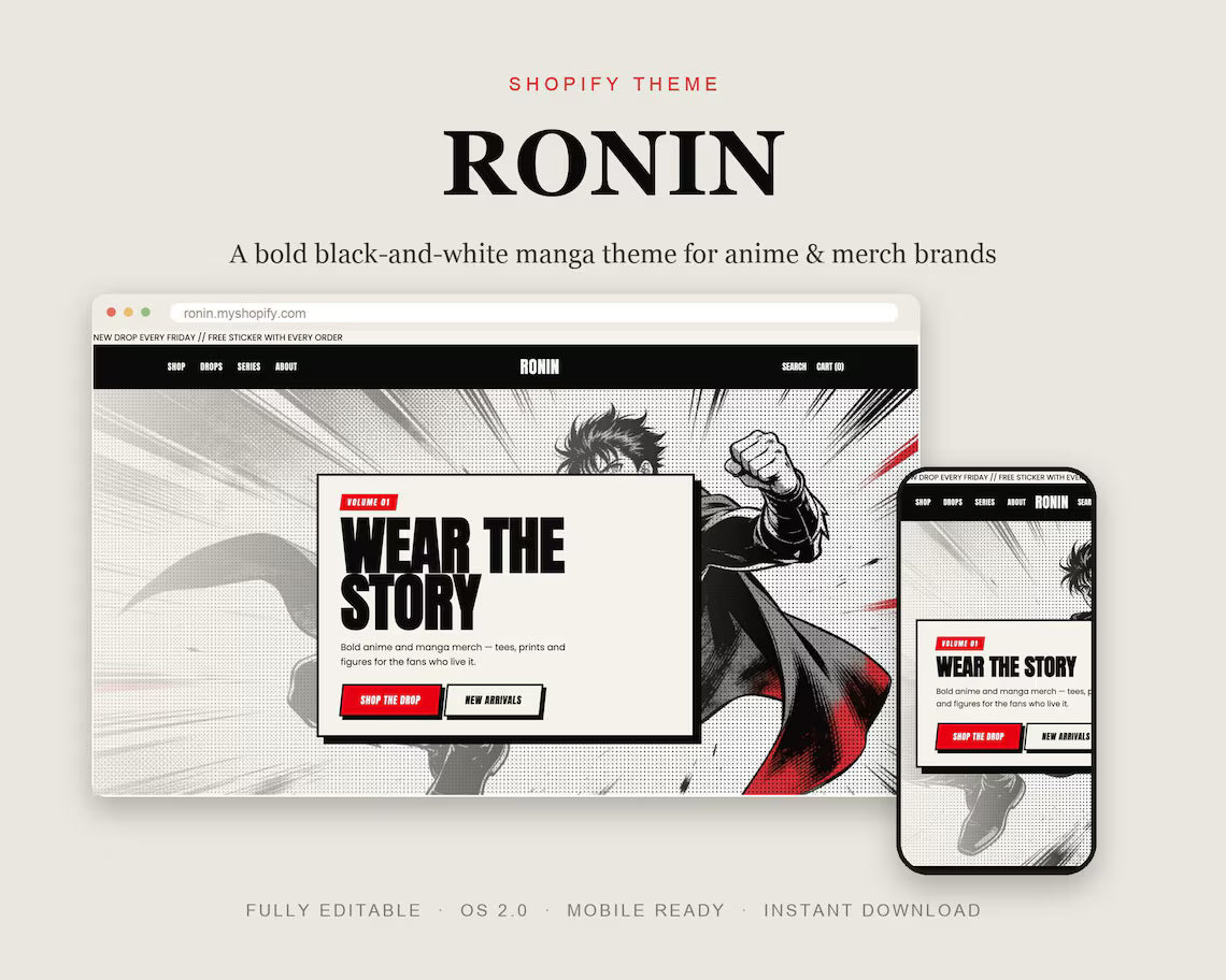 Ronin Shopify Theme, Bold Black White Manga Website (Instant Download)