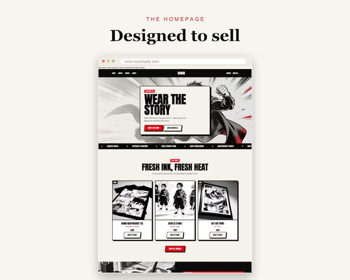 Ronin Shopify Theme, Bold Black White Manga Website (Instant Download)