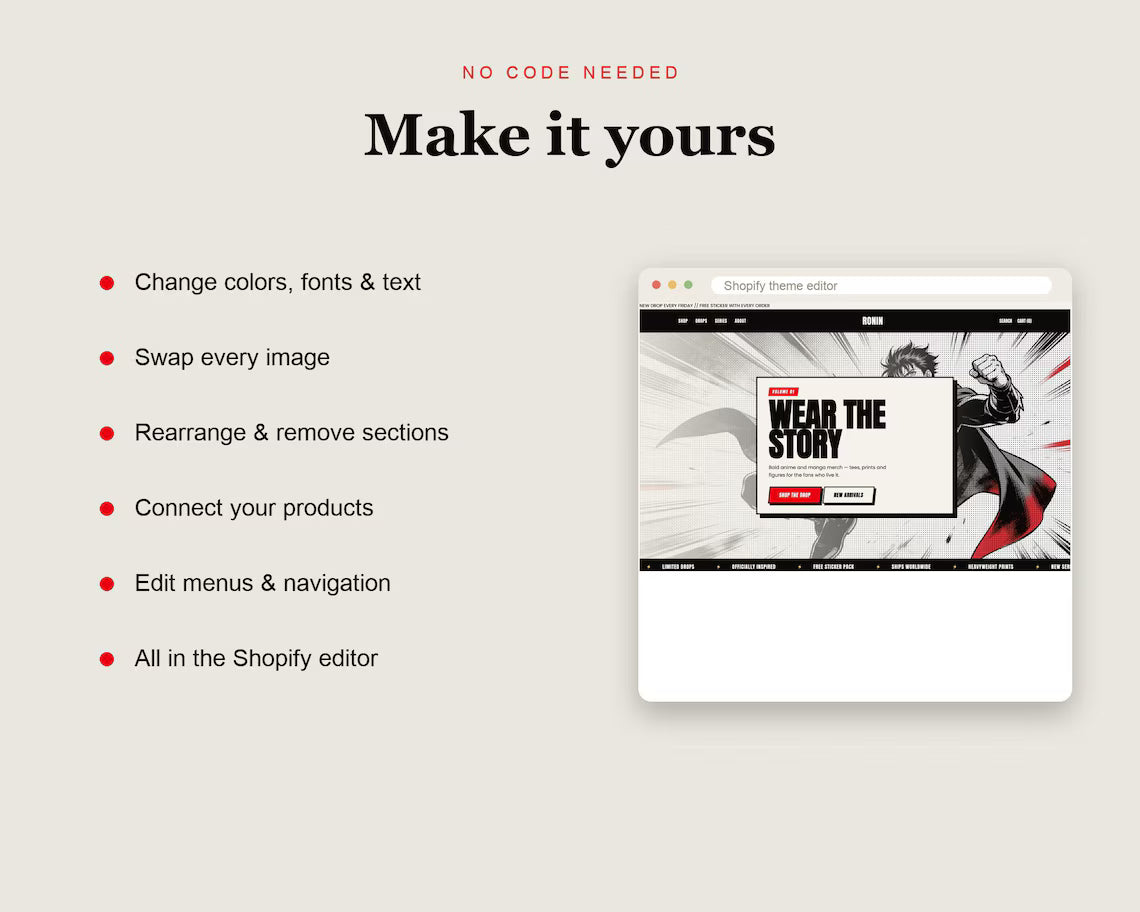 Ronin Shopify Theme, Bold Black White Manga Website (Instant Download)