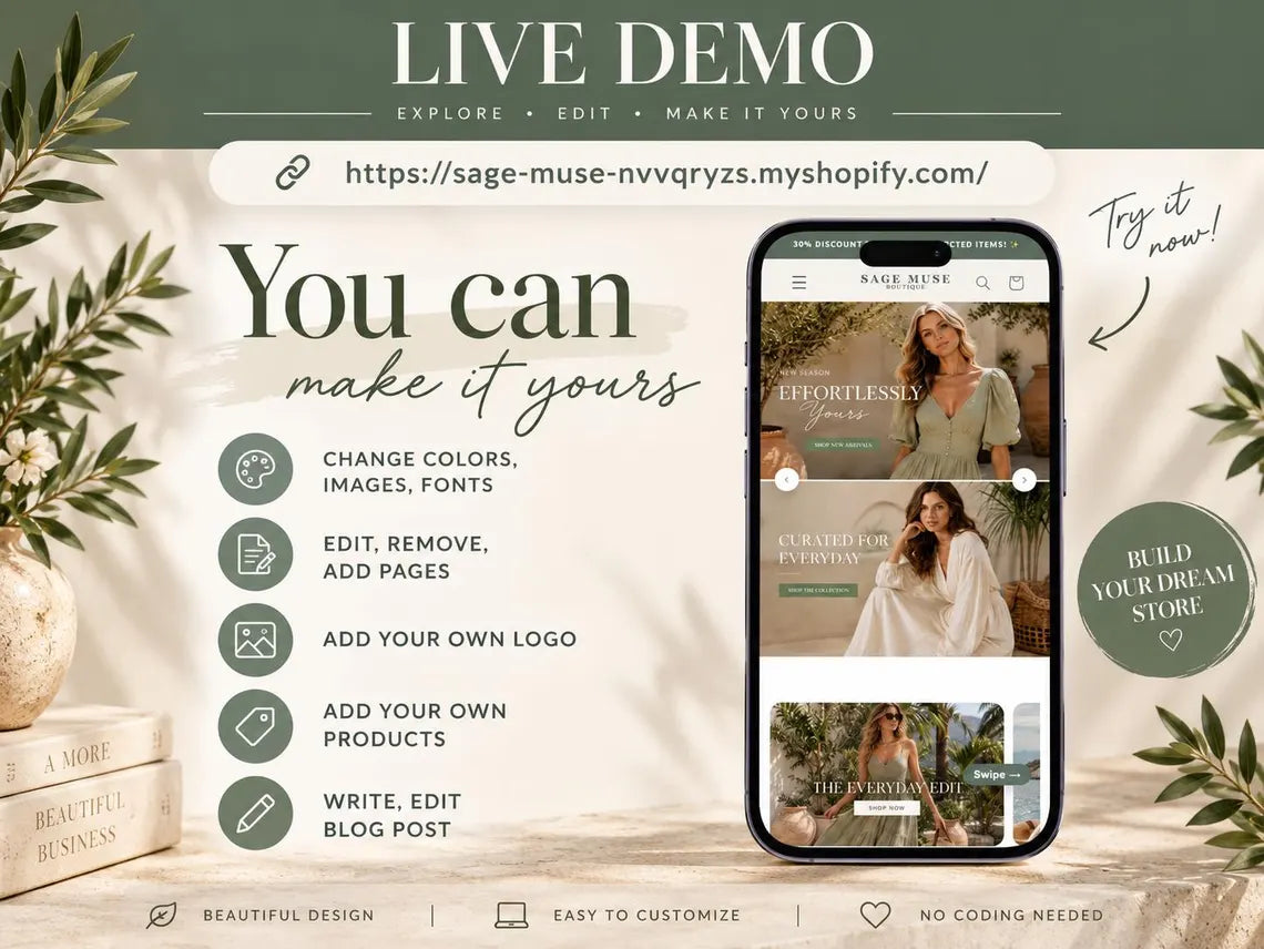 Sage Muse Boutique Shopify Theme | Sage Shopify Template Feminine, Minimal & Cute Design | Editable Canva Templates | Shopify OS 2.0