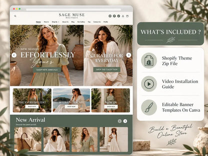 Sage Muse Boutique Shopify Theme | Sage Shopify Template Feminine, Minimal & Cute Design | Editable Canva Templates | Shopify OS 2.0