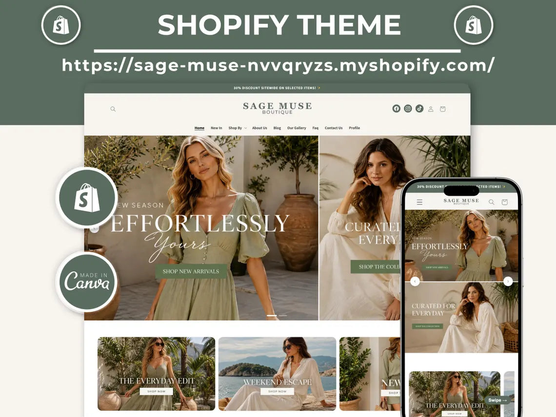 Sage Muse Boutique Shopify Theme | Sage Shopify Template Feminine, Minimal & Cute Design | Editable Canva Templates | Shopify OS 2.0