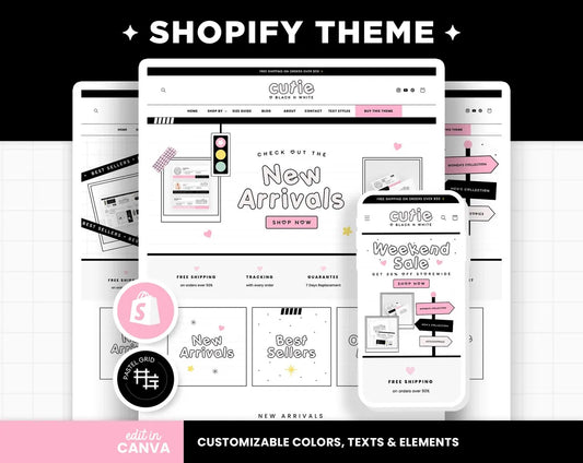 Shopify Theme Black White Pink Customizable Shopify Template Editable Canva Banners Boutique Feminine Bright Aesthetic Cute Design - CBW