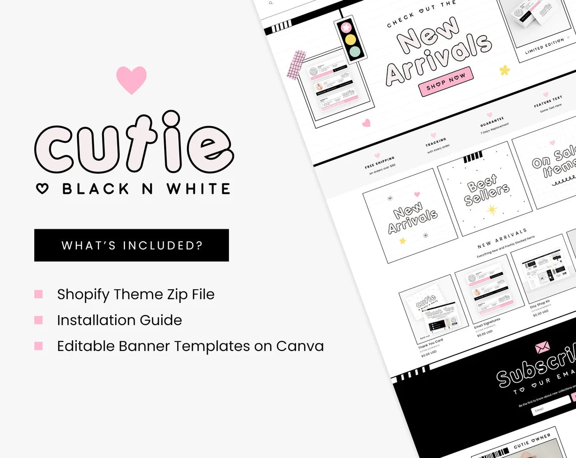 Shopify Theme Black White Pink Customizable Shopify Template Editable Canva Banners Boutique Feminine Bright Aesthetic Cute Design - CBW