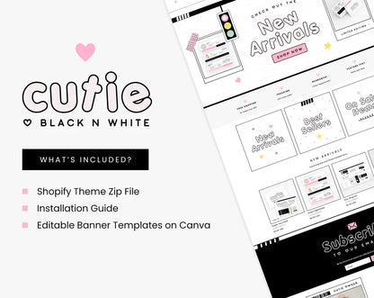 Shopify Theme Black White Pink Customizable Shopify Template Editable Canva Banners Boutique Feminine Bright Aesthetic Cute Design - CBW