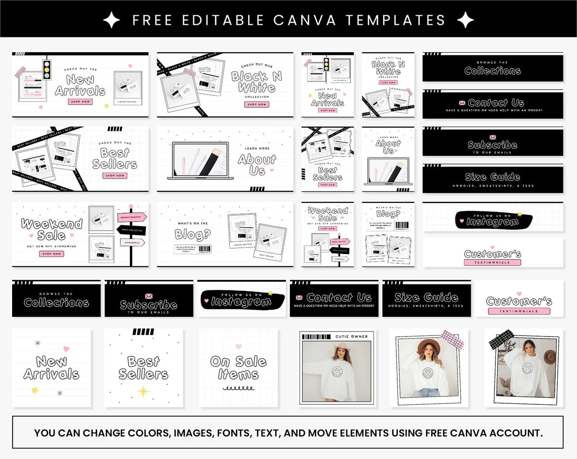 Shopify Theme Black White Pink Customizable Shopify Template Editable Canva Banners Boutique Feminine Bright Aesthetic Cute Design - CBW