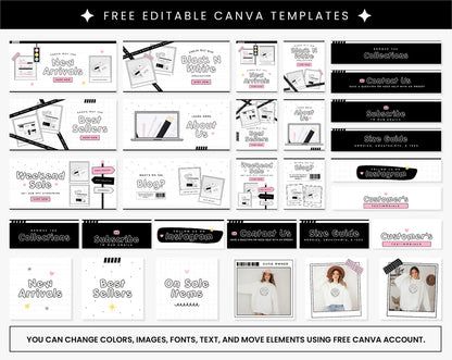 Shopify Theme Black White Pink Customizable Shopify Template Editable Canva Banners Boutique Feminine Bright Aesthetic Cute Design - CBW