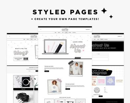 Shopify Theme Black White Pink Customizable Shopify Template Editable Canva Banners Boutique Feminine Bright Aesthetic Cute Design - CBW
