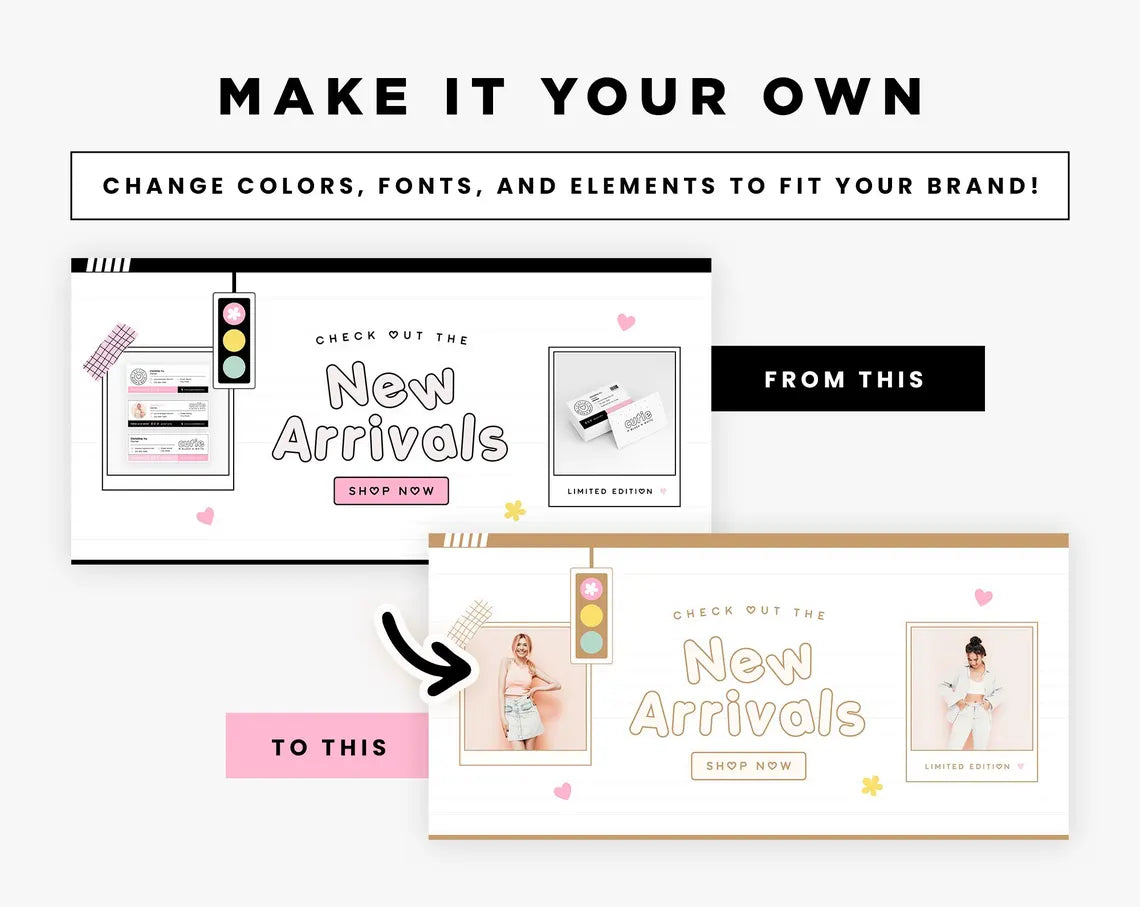 Shopify Theme Black White Pink Customizable Shopify Template Editable Canva Banners Boutique Feminine Bright Aesthetic Cute Design - CBW