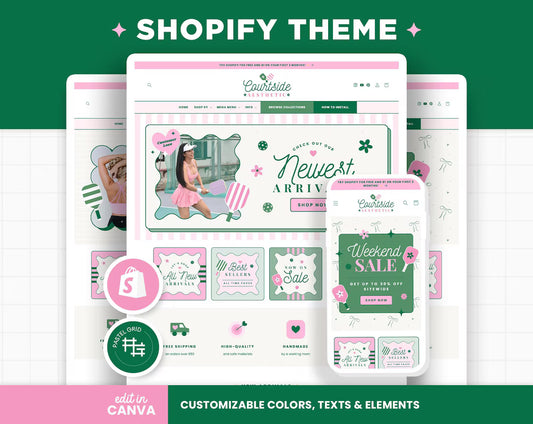 Shopify Theme Green and Pink Colors Customizable Shopify Template Editable Canva Banners Pickleball or Sporty Aesthetic Theme Design - CSA