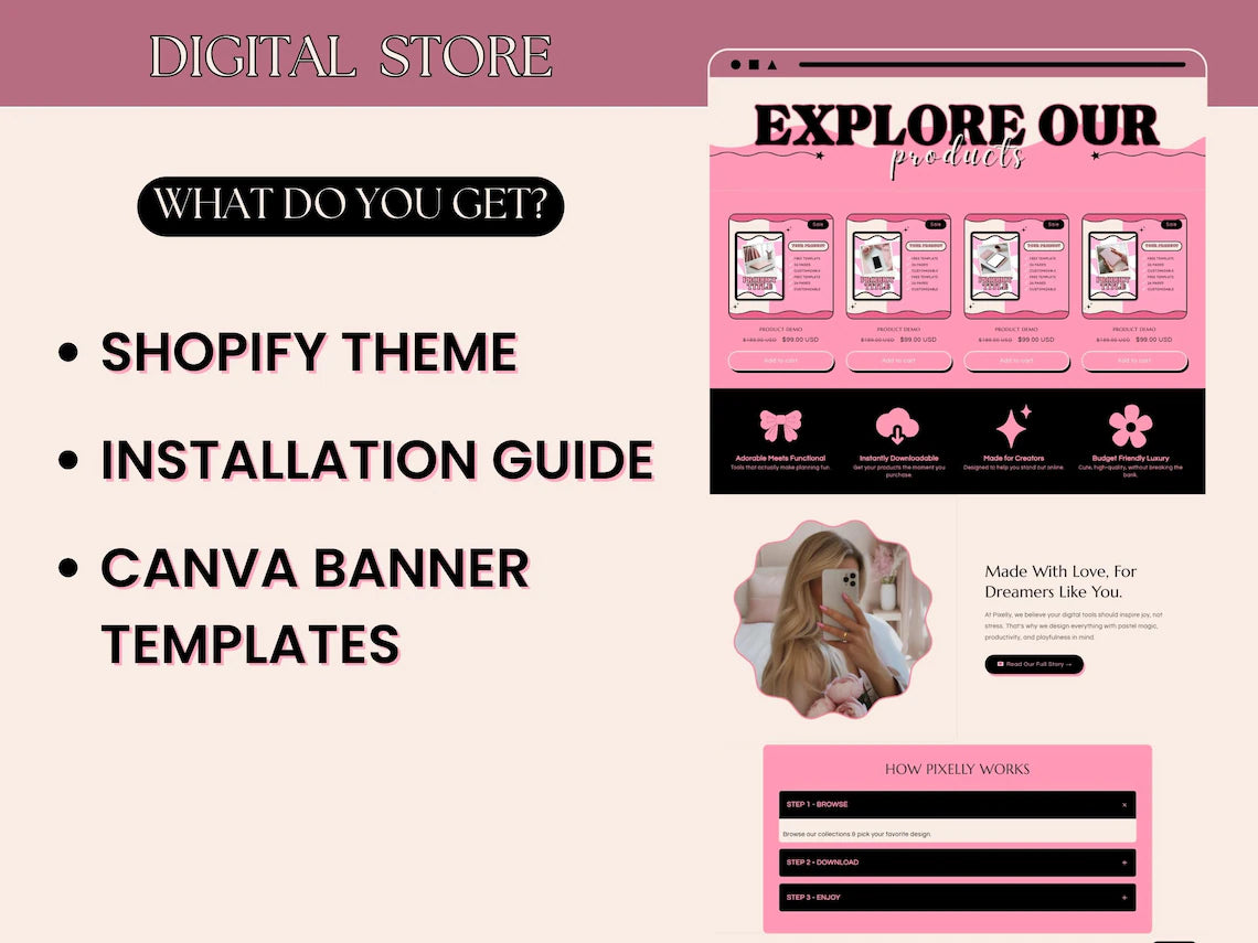 Shopify Theme Kit for Selling Digital Products Shopify Website Template Digital Products Shop Black Template Pink Landing Page Shopify Theme