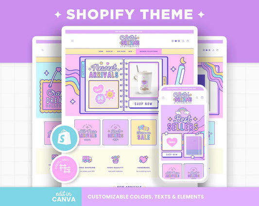 Shopify Theme Purple Pink Blue Colors Customizable Shopify Template Editable Canva Banners Boutique Aesthetic Shopify Theme Design - CTD