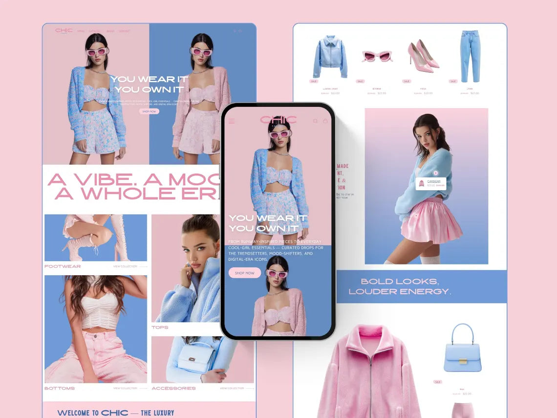 Shopify Theme for Trendy Clothing Website Template Luxury Shopify Template Aesthetic Theme Kit Blue Business Pink Fashion Website Template