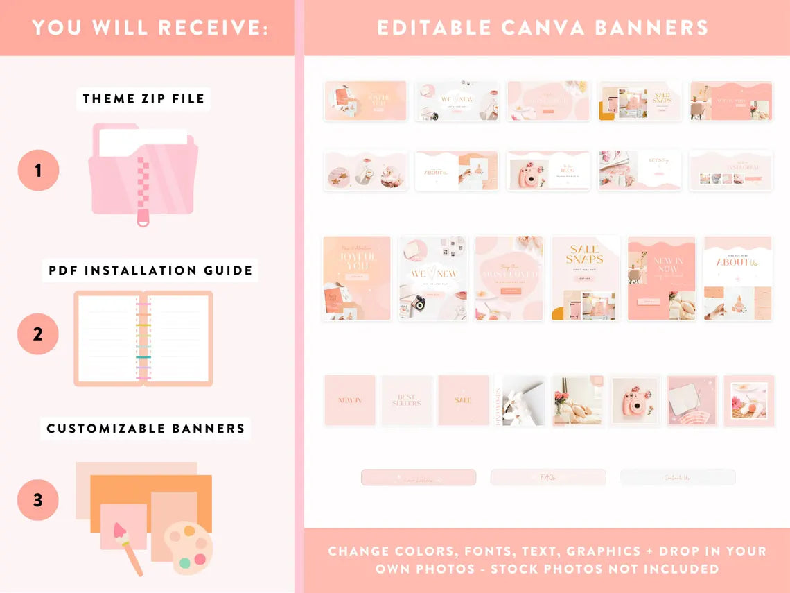 Studio Joy Shopify Theme - Peach Pink Website Template - Shopify Canva Banners - SJ01 Design Pixie