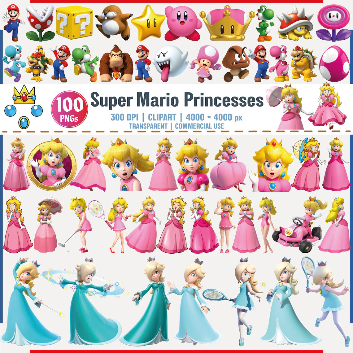 Super Mario Princesses PNG Clipart Bundle, Princess Peach png, 100 Characters