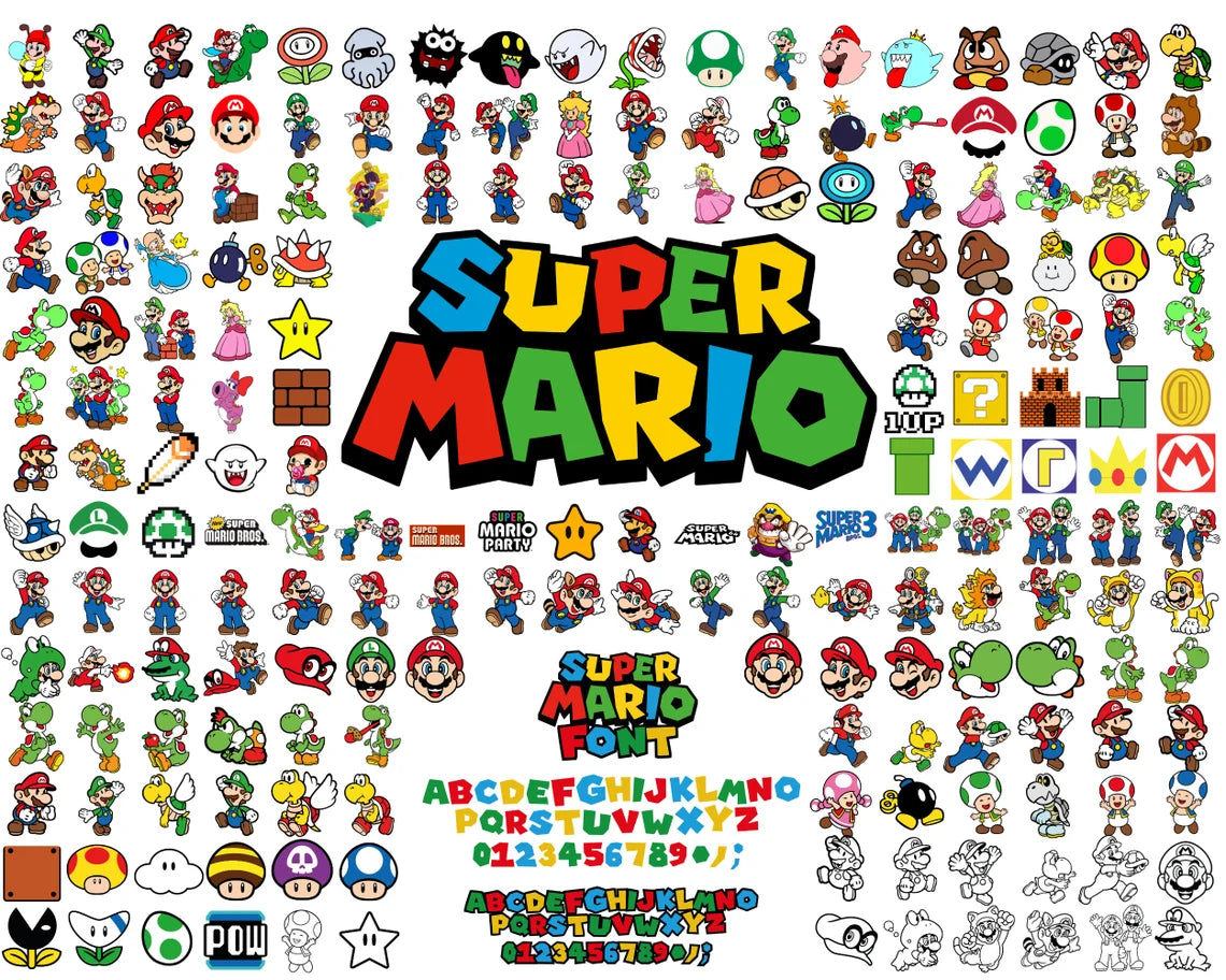 Super Mario SVG Bundle for Cricut and Sublimation, Mario Cut Files, Mario Clipart, Super Mario Font, Mario PNG, Mario Family Svg,Layered Svg